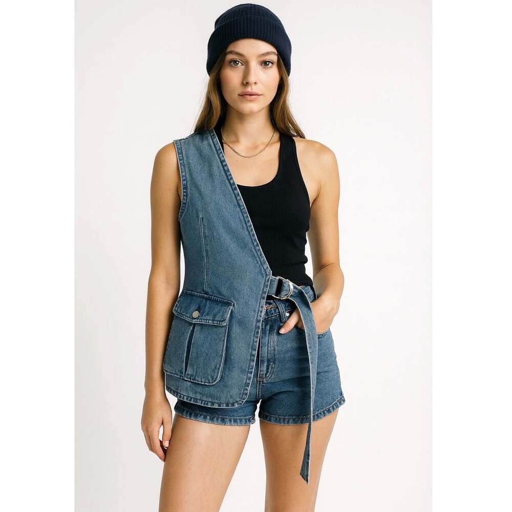 Zara Asymmetric Denim Utility Vest with Pocket and Buckle Belt